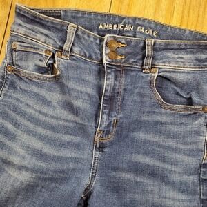 American Eagle Hi Rise Artist Flare Jeans Womens 10 XLong Dark Wash Distressed
